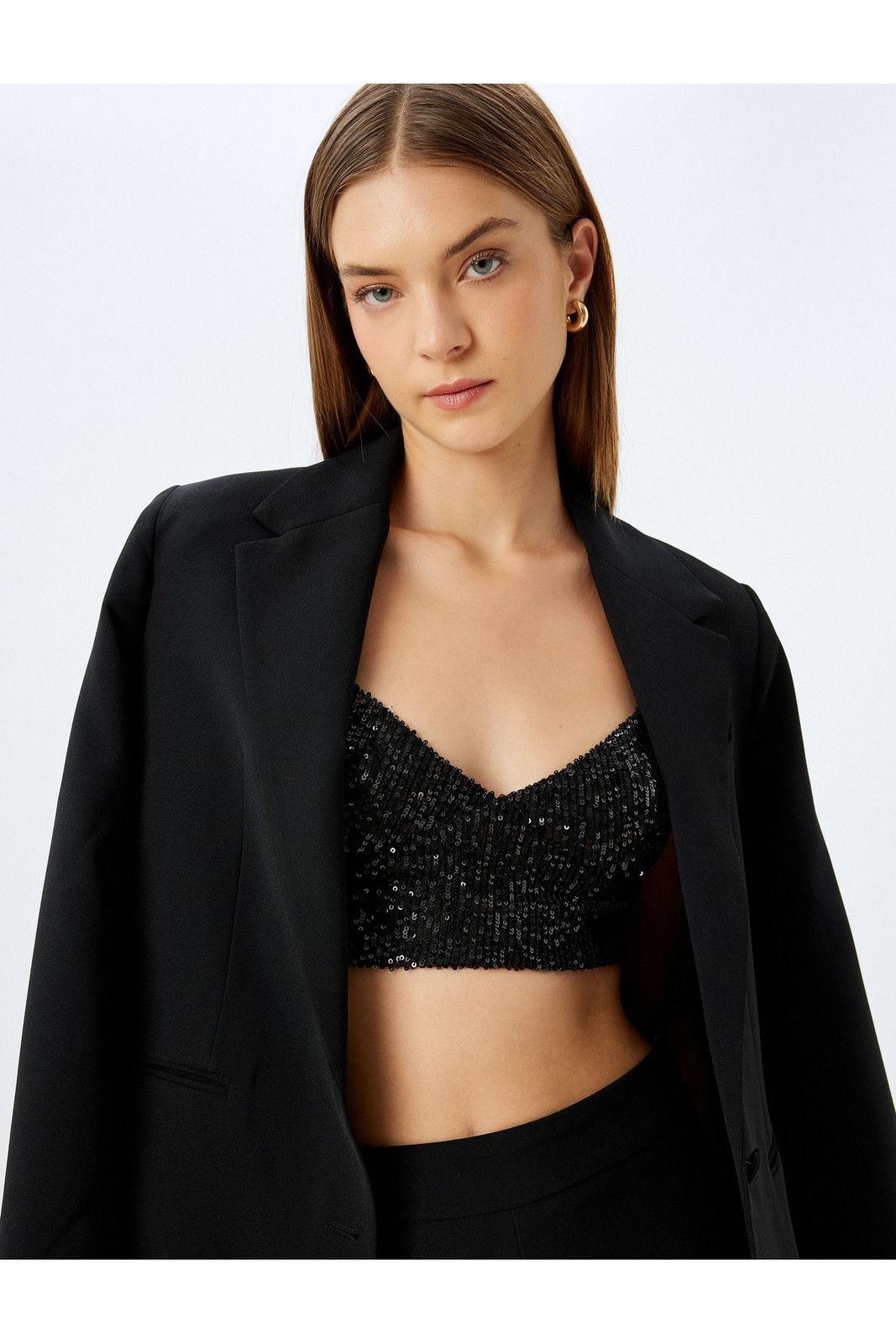 Koton Crop Evening Blouse Sequined Rope Strap V Neck Slim Fit