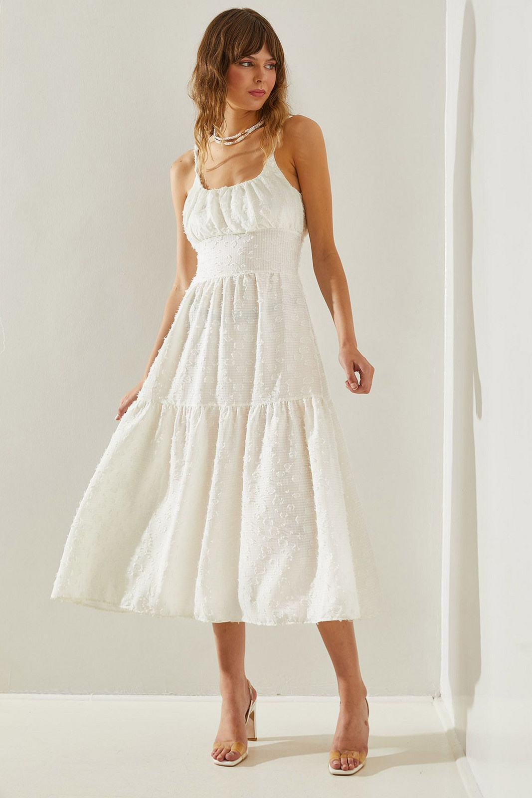 Bianco Lucci Women's Thin Printed Strap Layered Woven 5616 Dress