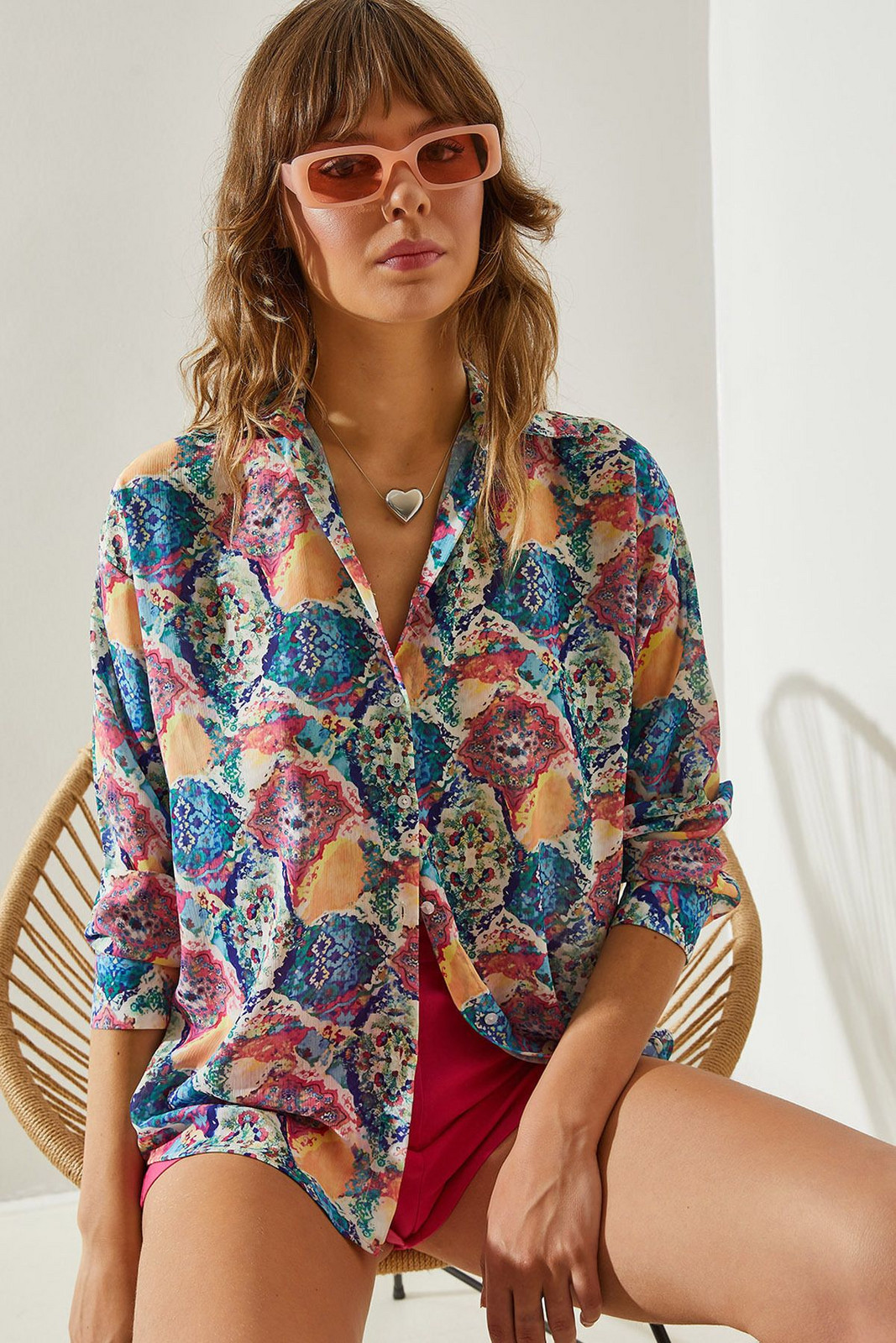 Bianco Lucci Women's Patterned Long Sleeve Chiffon Crepe Shirt