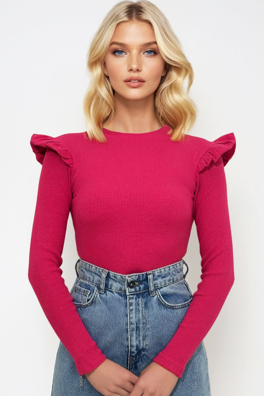 Trend Alaçatı Stili Women's Fuchsia Ruffled Shoulders Half Fisherman Sweater