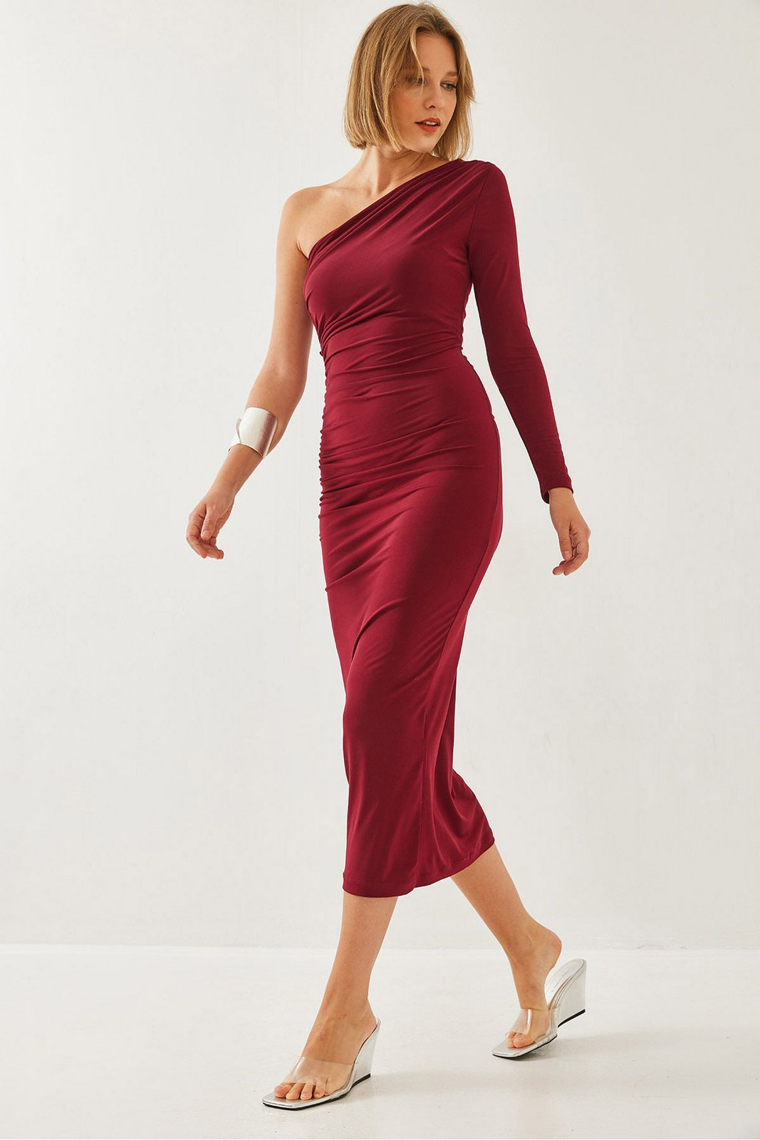 Bianco Lucci Women's One Shoulder and Pleated Long Dress 375