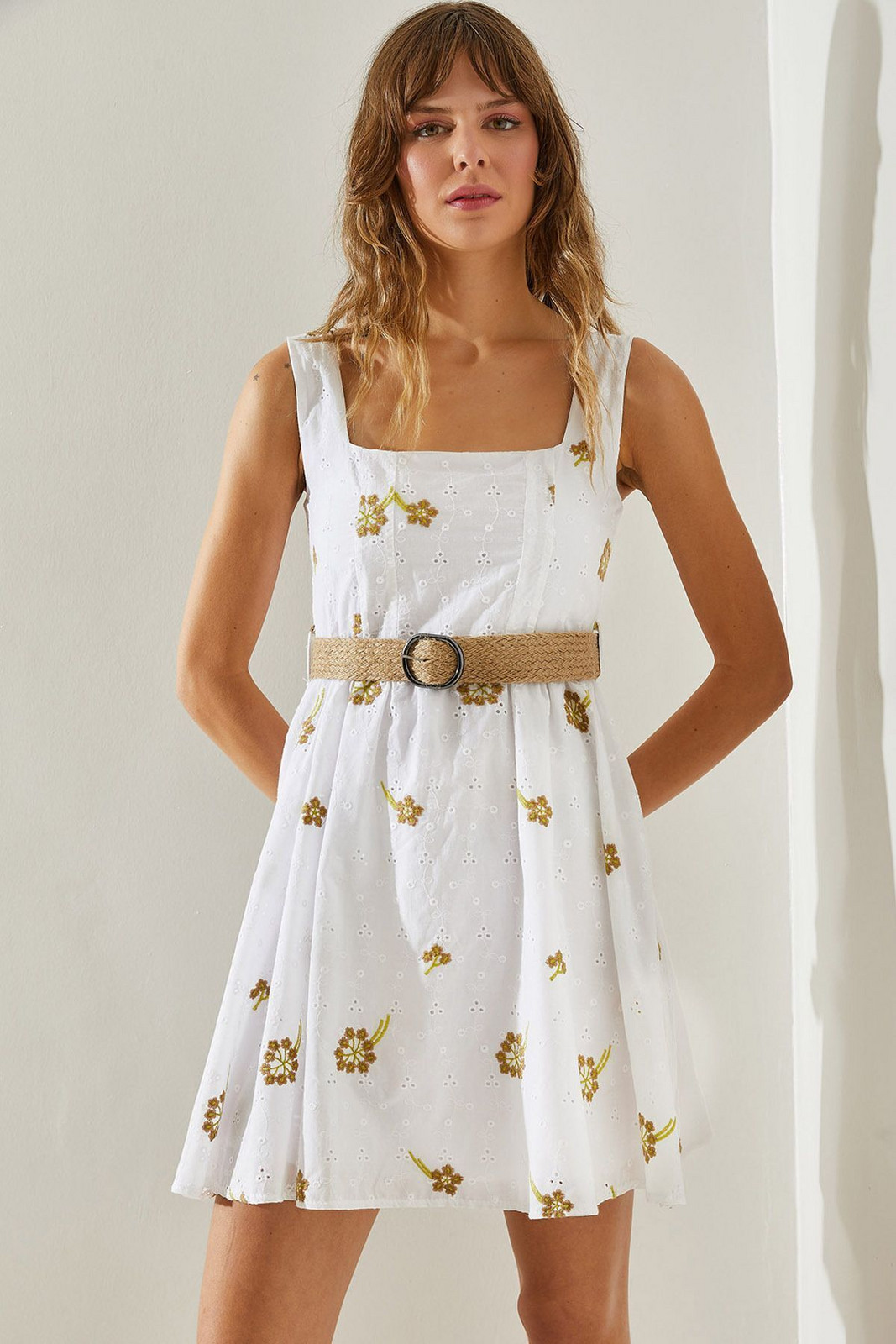 Bianco Lucci Women's Thick Strap Laced Floral Patterned Straw Belt Lined 5879 Dress