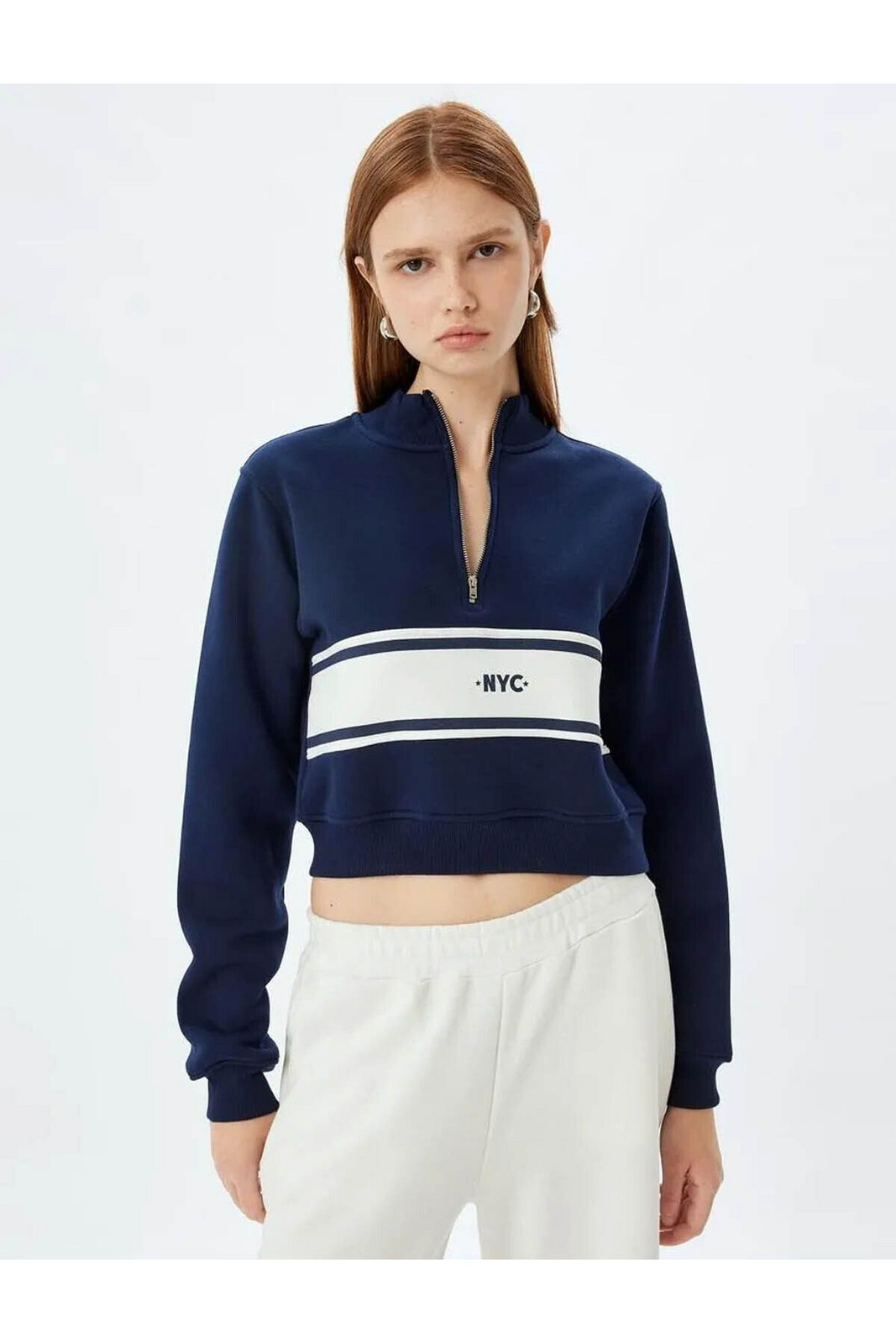 Koton Color Block Three Thread Raised Half Zipper Detail Crop Sweatshirt