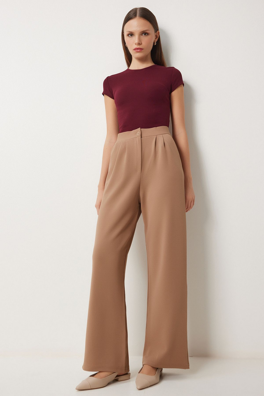 Happiness İstanbul Women's Biscuit Lycra Comfortable Palazzo Knitted Trousers