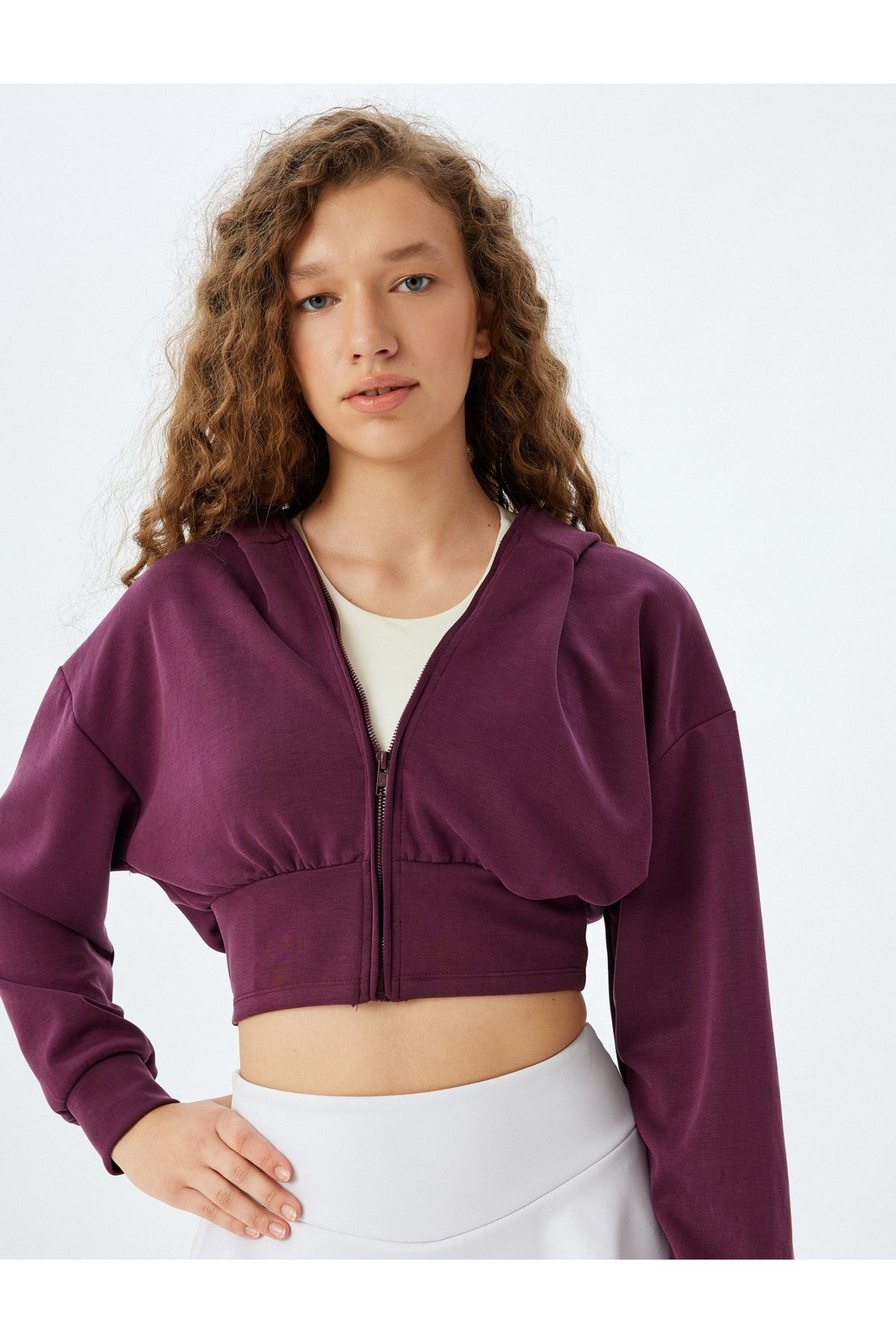 Koton Crop Hooded Sweatshirt Zip Thick Modal Fabric Comfortable Fit
