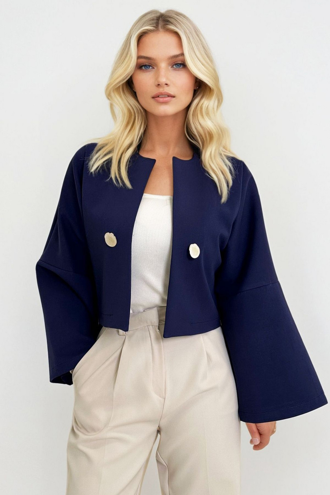 Trend Alaçatı Stili Women's Navy Blue Button Detail Open Front Short Jacket