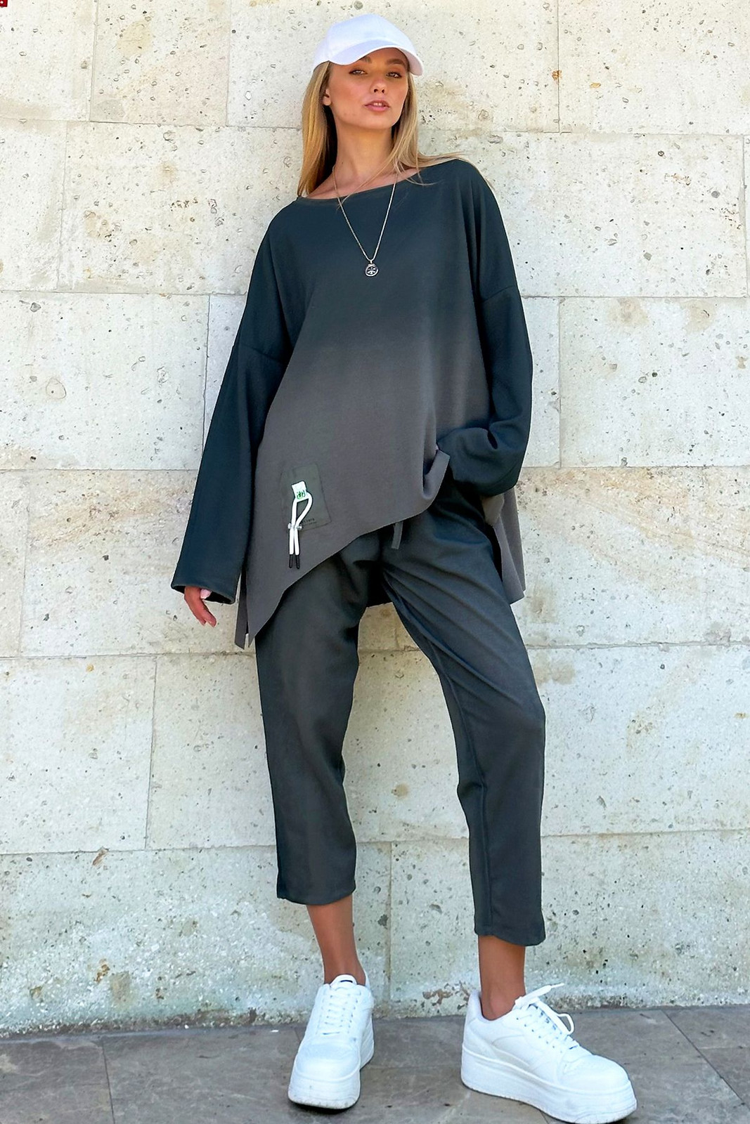 Trend Alaçatı Stili Women's Khaki Crew Neck Embroidered Sweat and Trousers Set