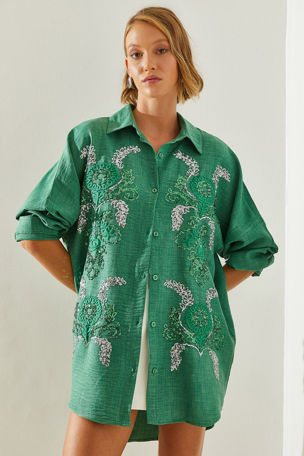 Bianco Lucci Women's Sequined Embroidered Patterned Oversize Shirt 5932