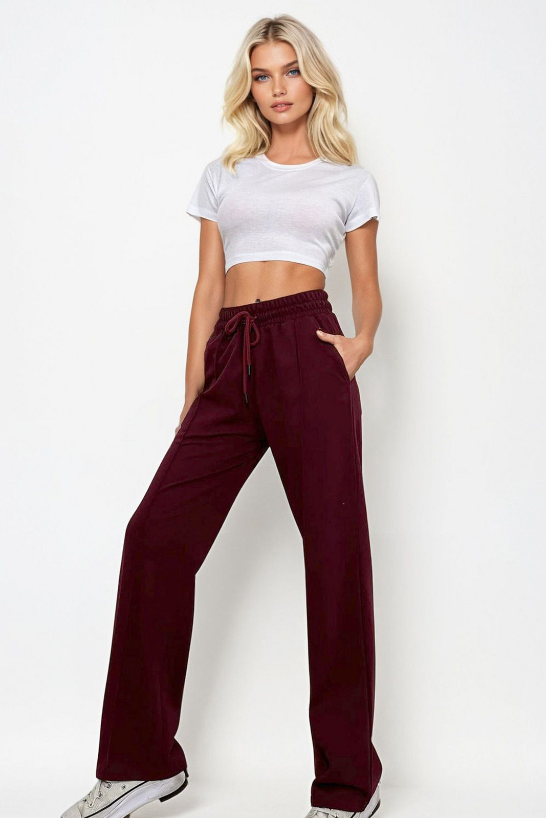 Trend Alaçatı Stili Women's Burgundy High Waist Front Turned Wide Leg Double Pocket Sweatpants