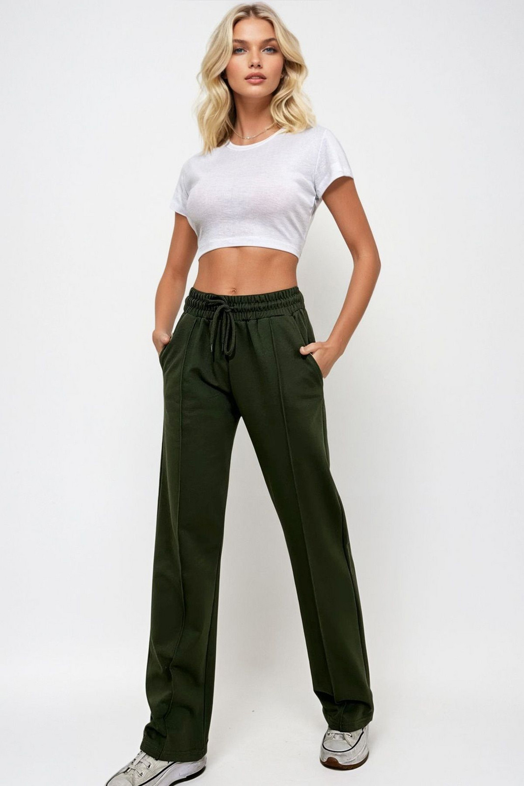 Trend Alaçatı Stili Women's Khaki High Waist Front Grass Wide Leg Double Pocket Tracksuit Bottoms