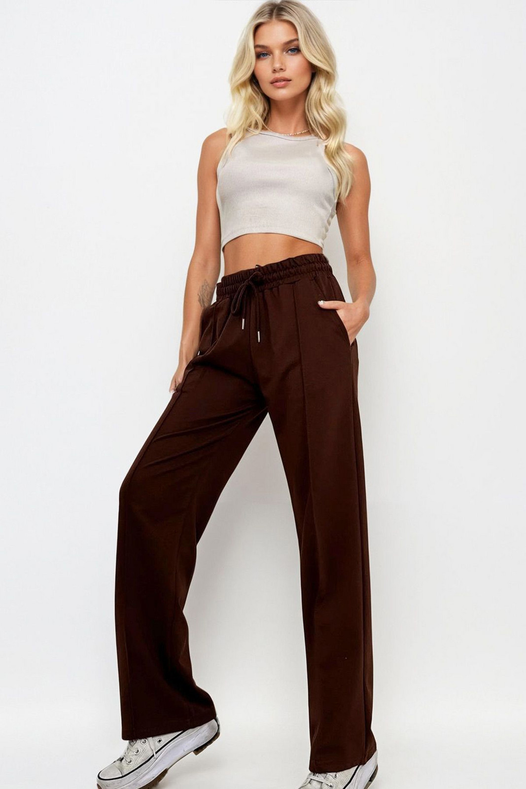 Trend Alaçatı Stili Women's Brown High Waist Front Turned Wide Leg Double Pocket Sweatpants
