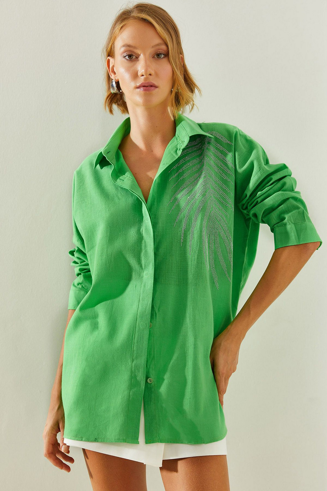 Bianco Lucci Women's Shoulder Stone Detail Oversize Shirt 5906