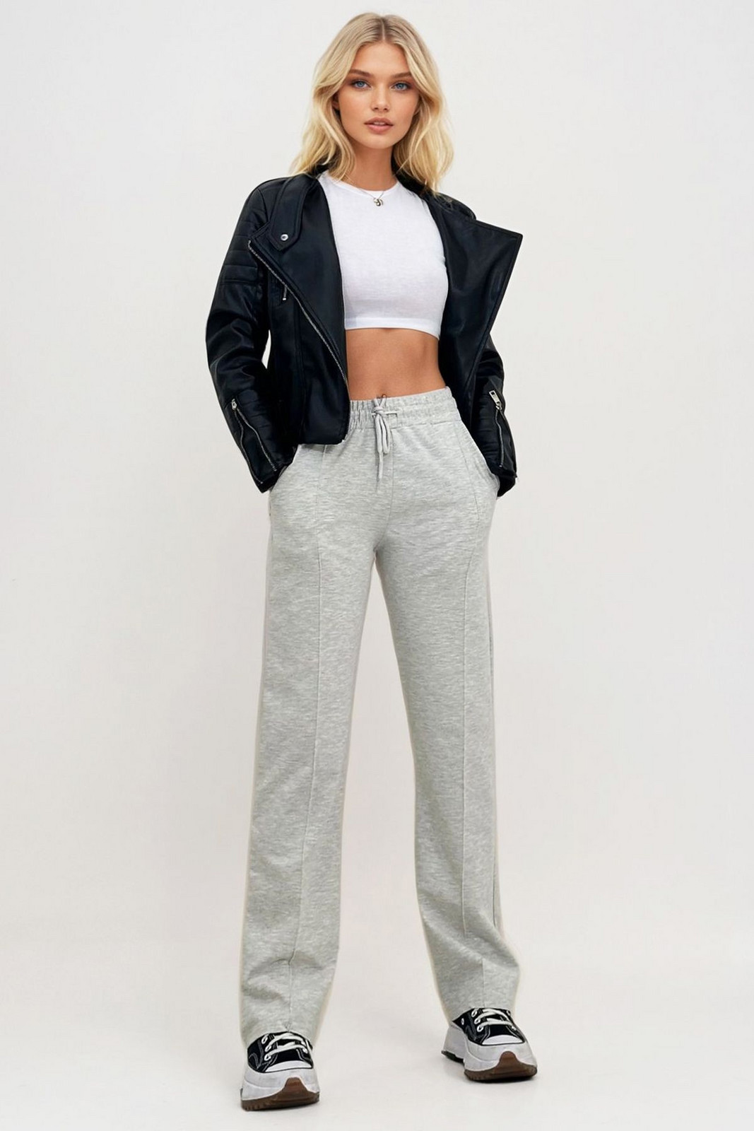Trend Alaçatı Stili Women's Carmelange High Waist Front Grass Wide Leg Double Pocket Tracksuit Bottoms