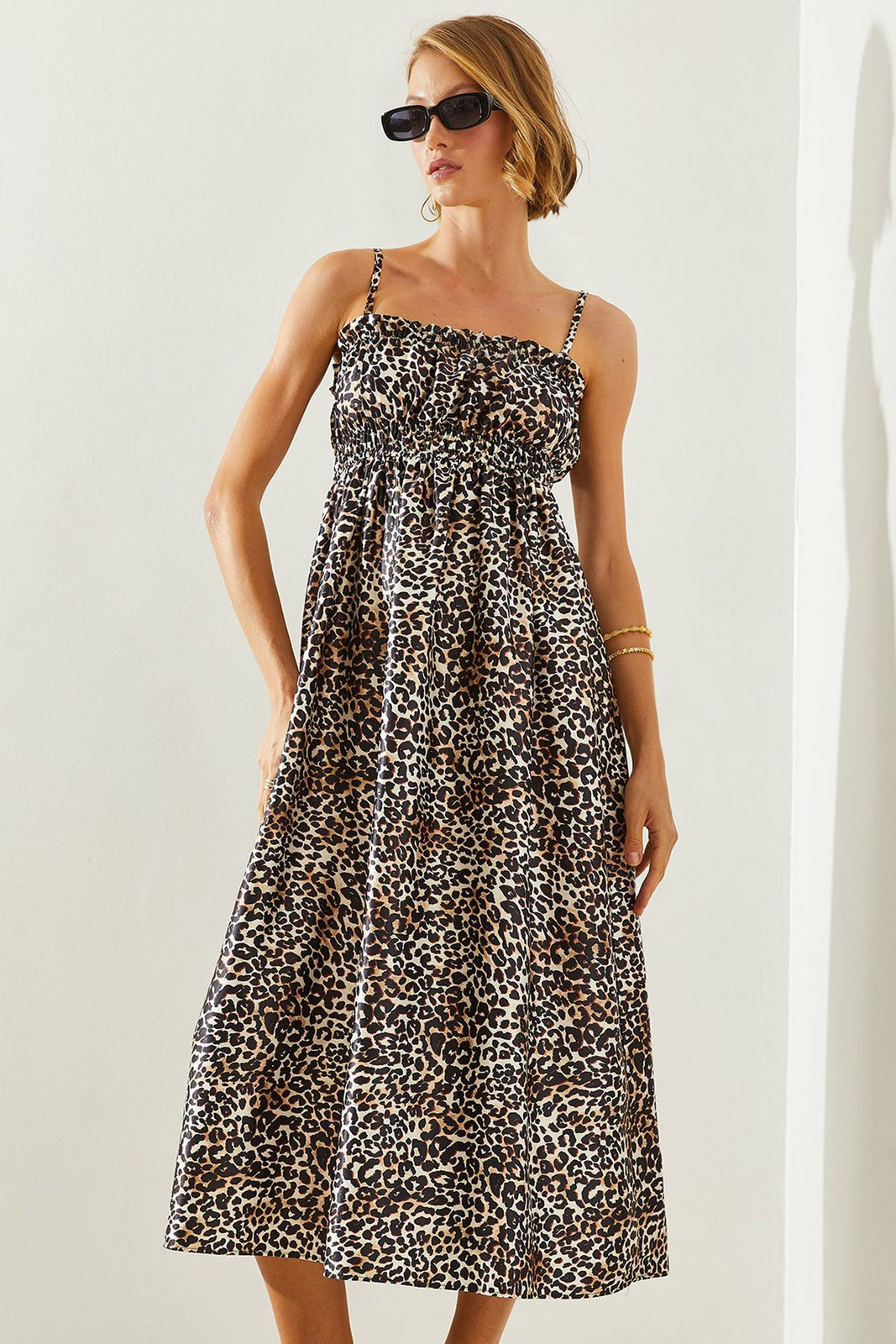 Bianco Lucci Women's Thin Strap Leopard Pattern Elastic Satin Dress 5968