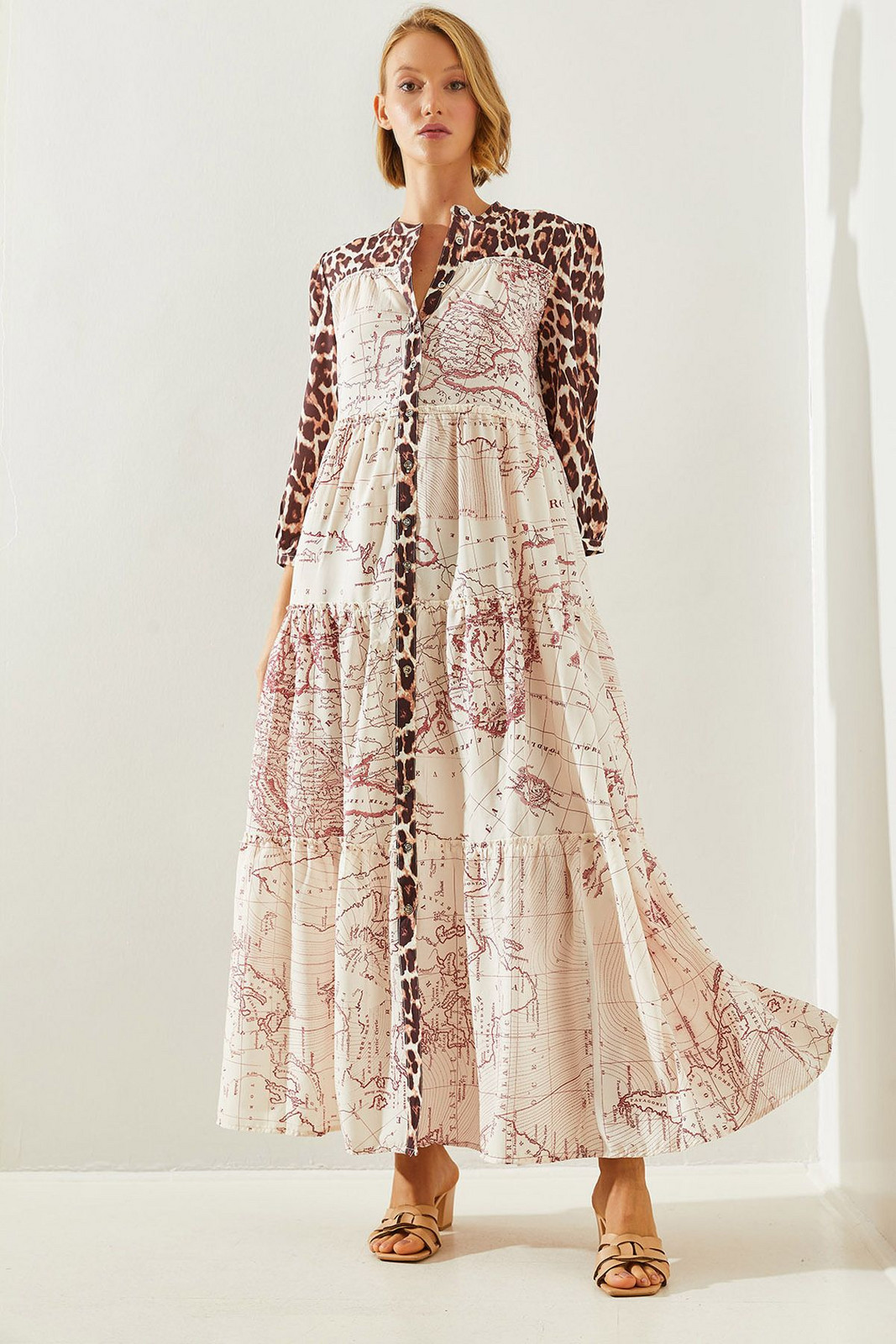 Bianco Lucci Women's Buttoned Leopard Detail Long Dress 22176