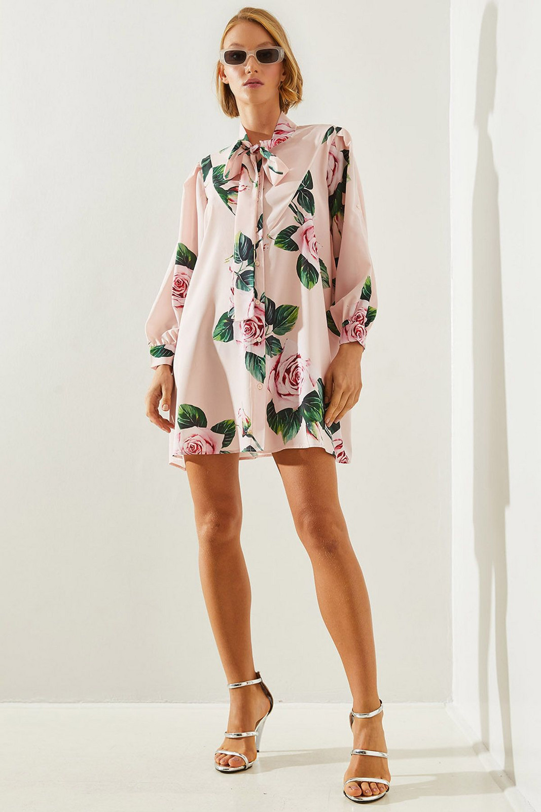 Bianco Lucci Women's Scarf Collar Floral Patterned Shirt Dress 21486
