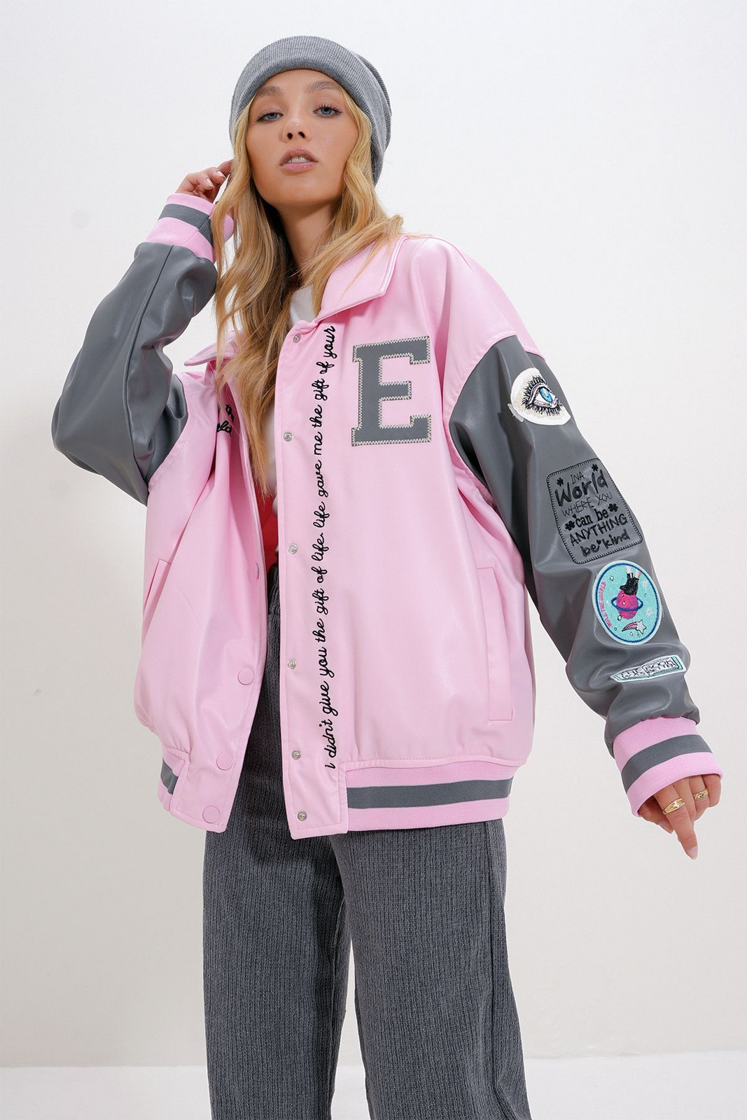 Trend Alaçatı Stili Women's Pink Snap Closure Oversize Jacket