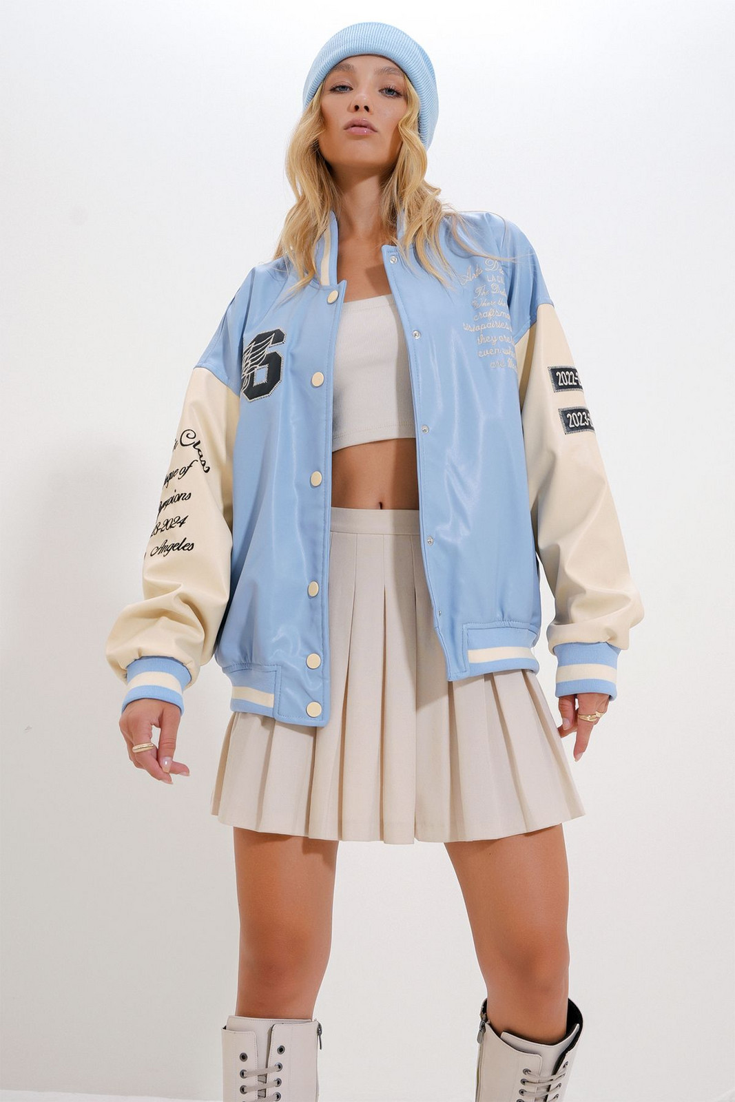 Trend Alaçatı Stili Women's Blue Double Pocket Snap Closure Oversize Bomber Jacket