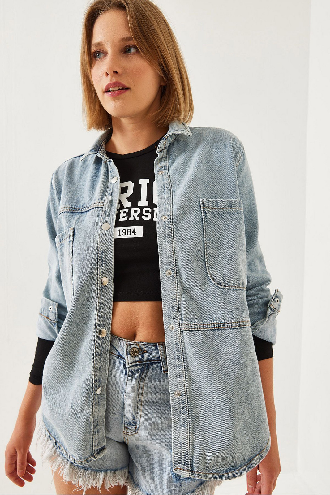 Bianco Lucci Women's Two Large Pockets Denim Shirt 4635