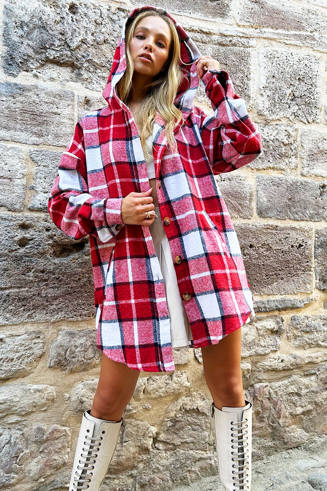 Trend Alaçatı Stili Women's Red-White Hooded Plaid Patterned Oversize Shirt Jacket