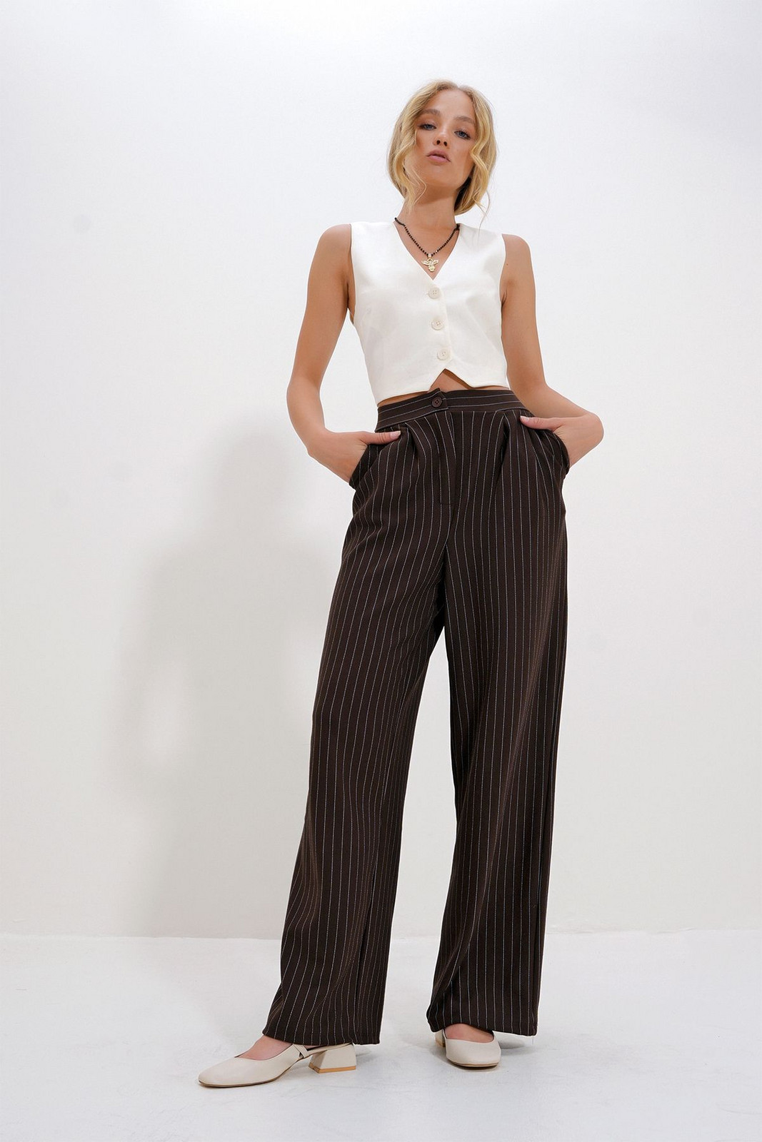 Trend Alaçatı Stili Women's Dark Brown Double Pocket Striped Palazzo Pants