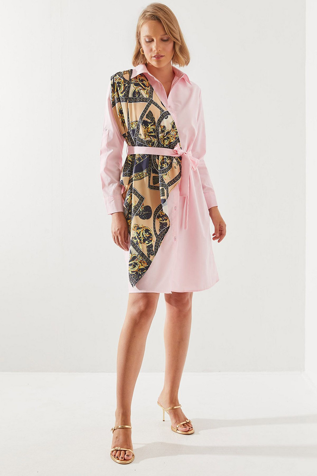 Bianco Lucci Women's Shawl Detail Belted Shirt Dress 20288