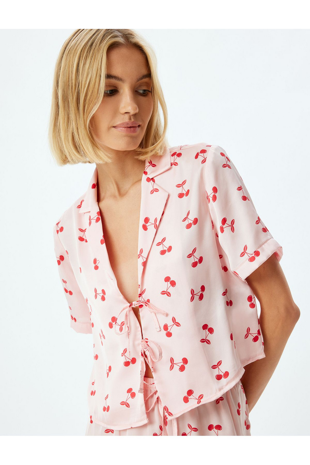 Koton Cherry Printed Short Sleeve Crop Pajama Top with Bow Tie