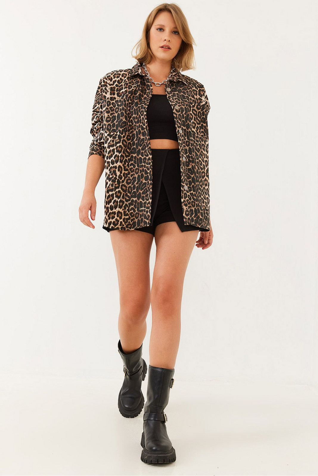 Bianco Lucci Women's Gabardine Leopard Denim Jacket