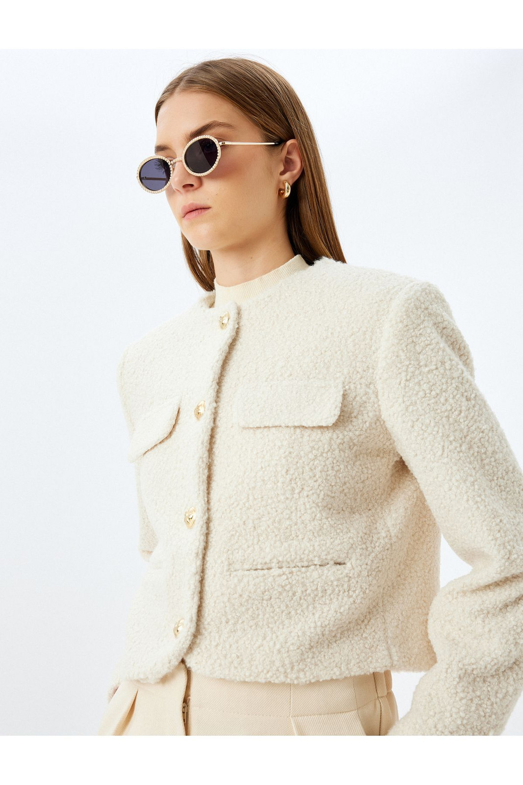 Koton Collarless Crop Tweed Blazer Jacket with Flap Pocket Detail