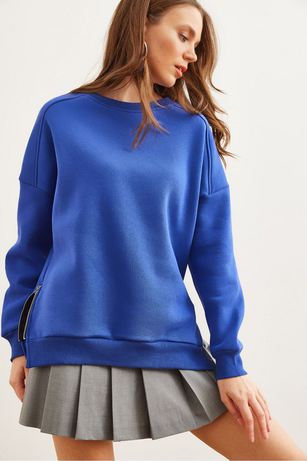 Olalook Women's Saks Blue Side Zipper Detailed Polar Fleece Thick Sweatshirt
