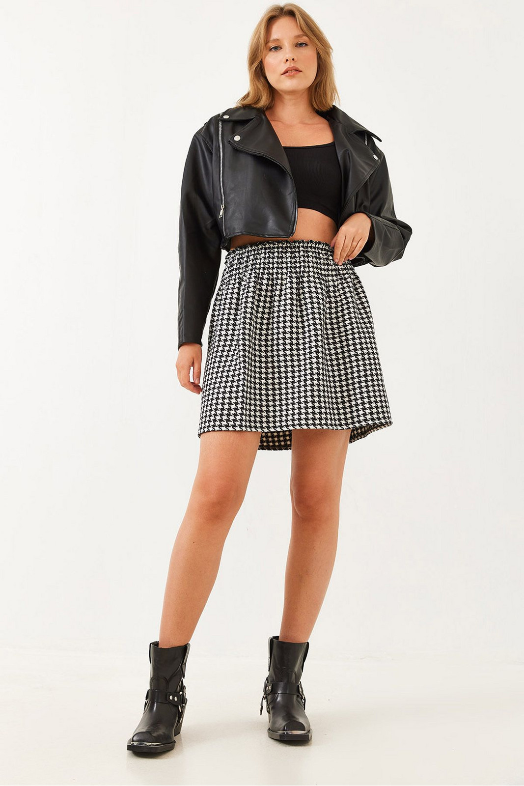 Bianco Lucci Women's Gipe Detailed Houndstooth Mini Skirt 0169