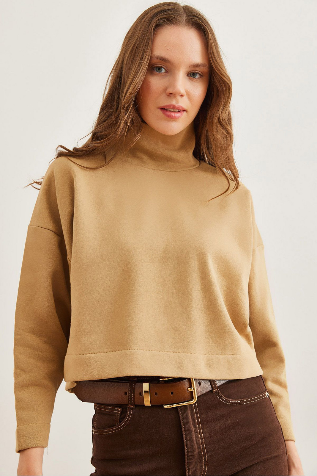 Olalook Women's Beige Stand Collar Batwing Crop Raised Sweatshirt