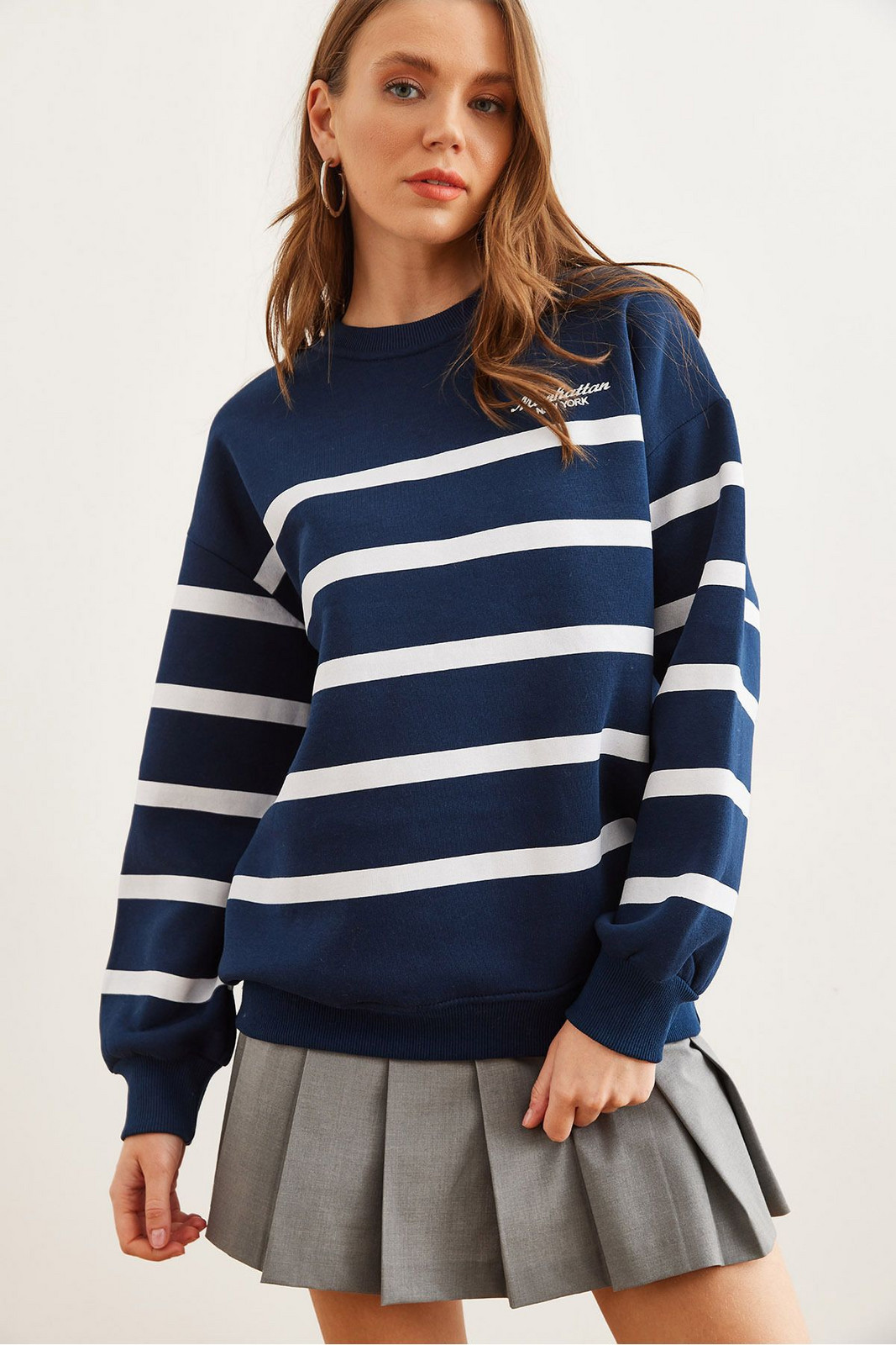 Olalook Women's Navy Blue White Striped Raised Oversize Sweatshirt