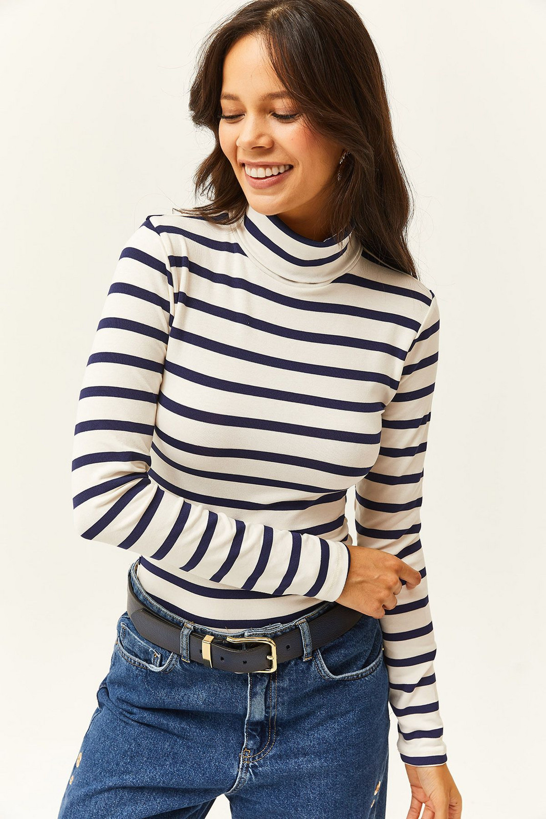 Olalook Women's Navy Blue Striped Turtleneck Premium Soft Touch Flexible Blouse