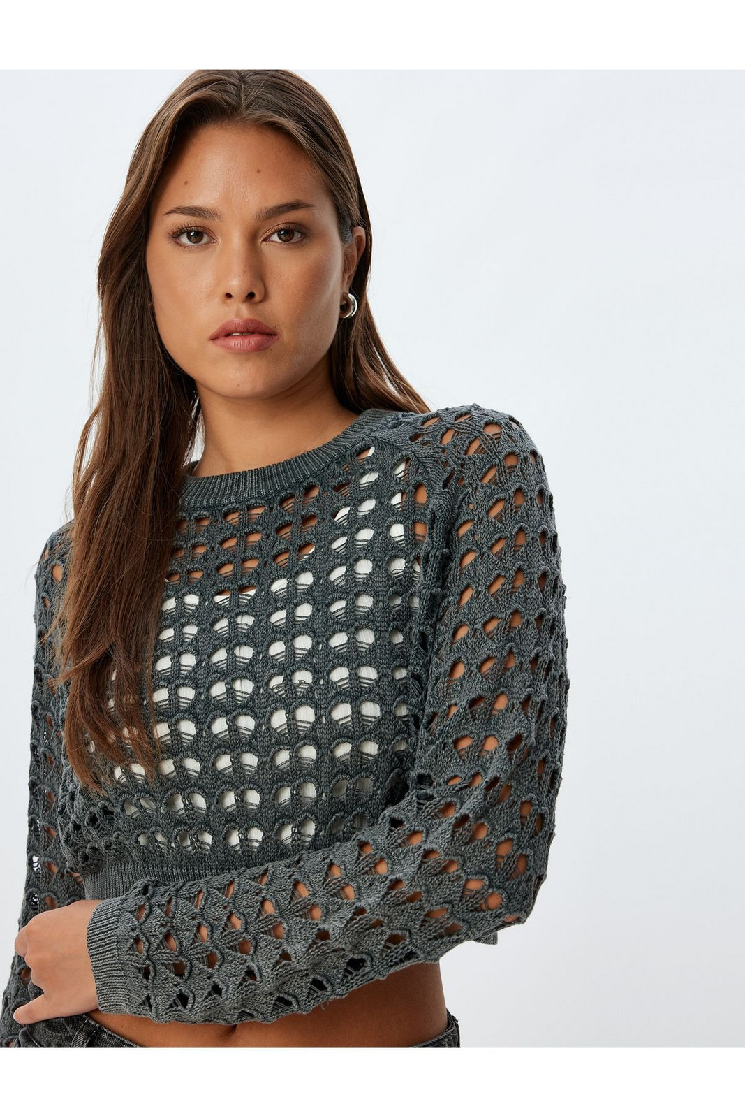 Koton Crop Openwork Knitwear Sweater Long Sleeve Round Neck