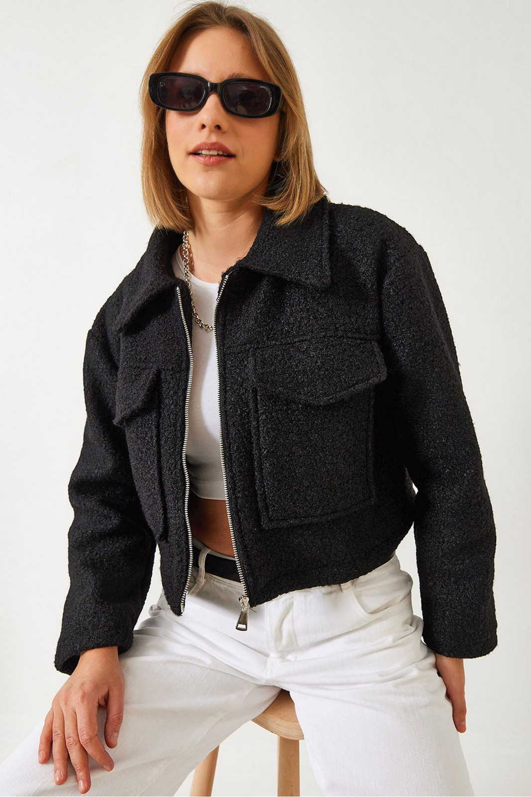 Bianco Lucci Women's Zipper Detail Short Boucle Jacket 2627