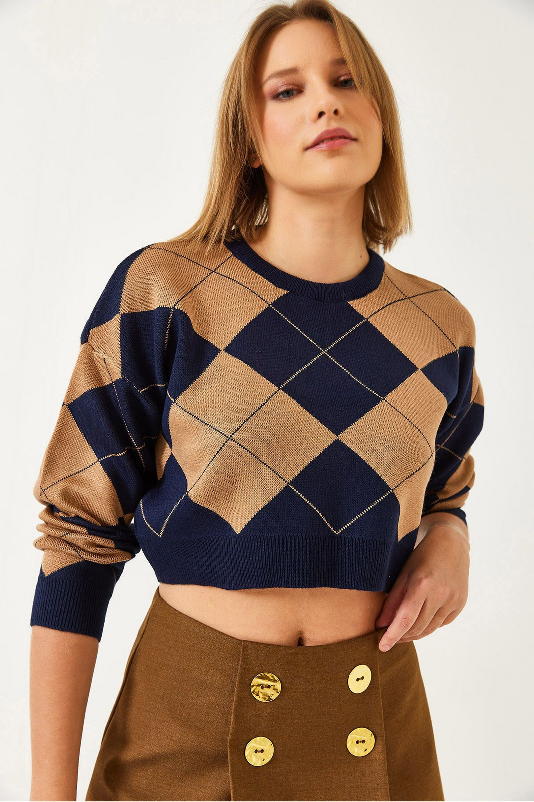 Bianco Lucci Women's Square Pattern Crop Knitwear Sweater