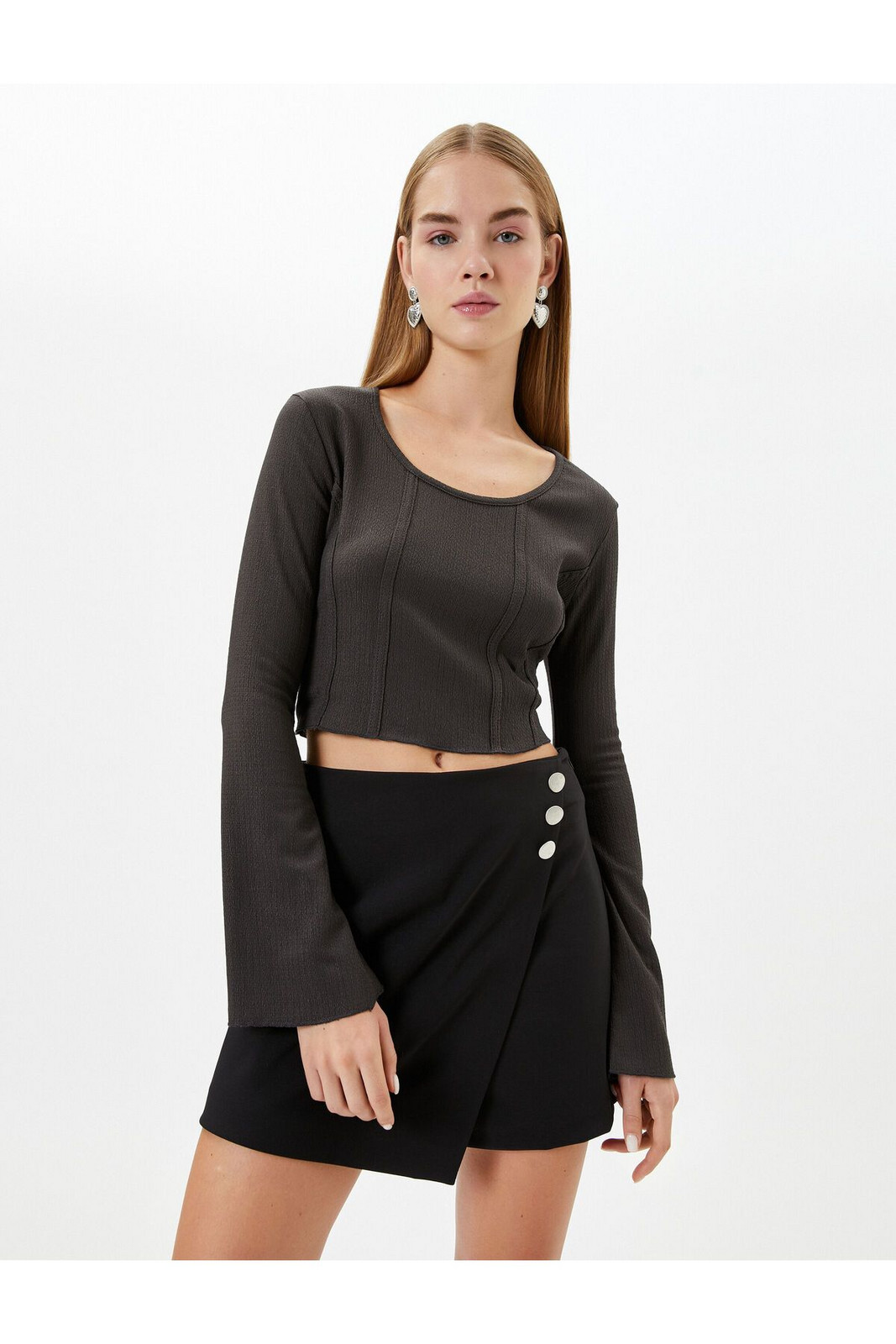 Koton Crop Blouse Bodice Detailed Long Sleeve U Neck Ribbed