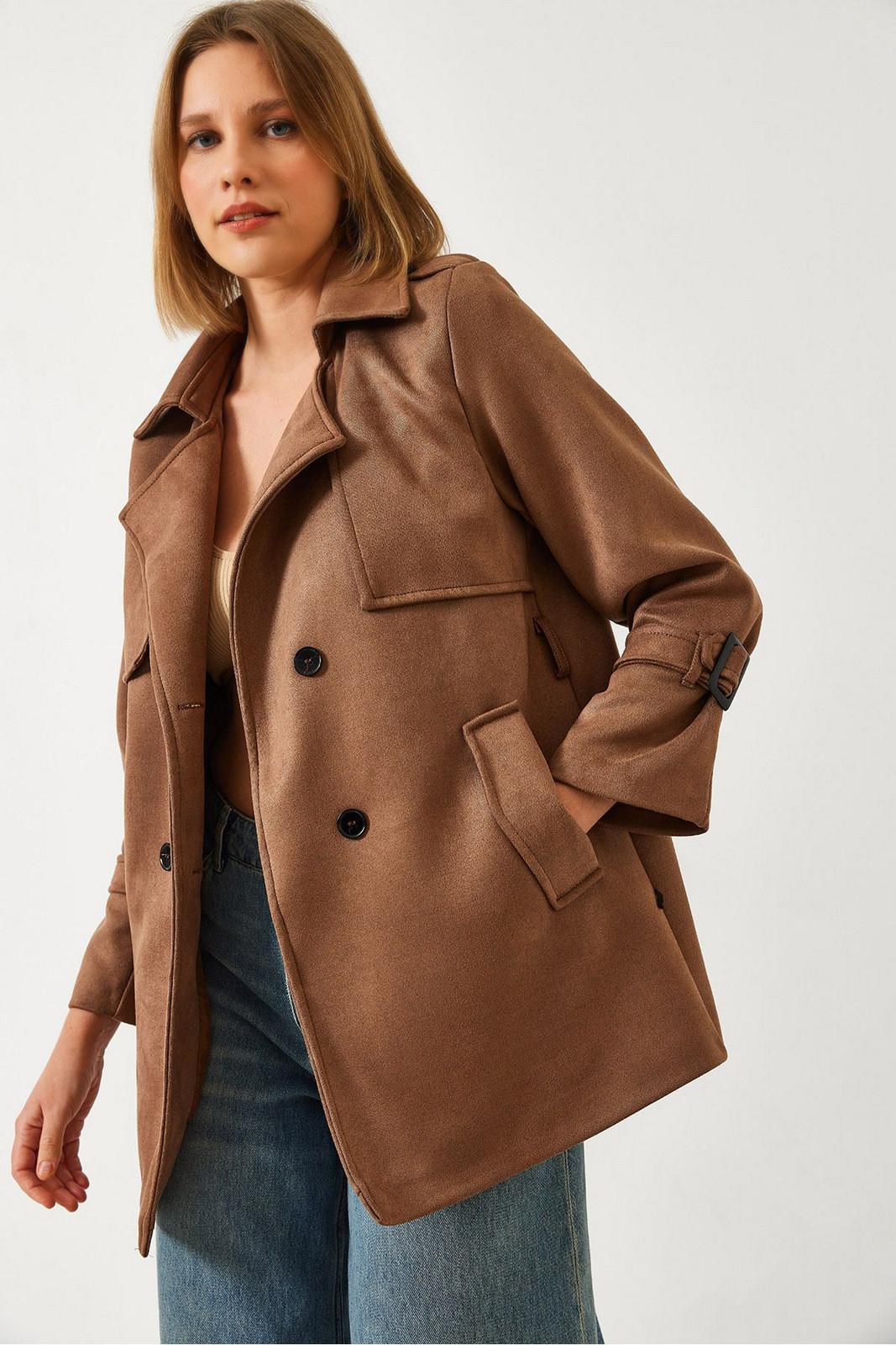 Bianco Lucci Women's Sleeve Belt Detailed Belted Suede Trench Coat 2632