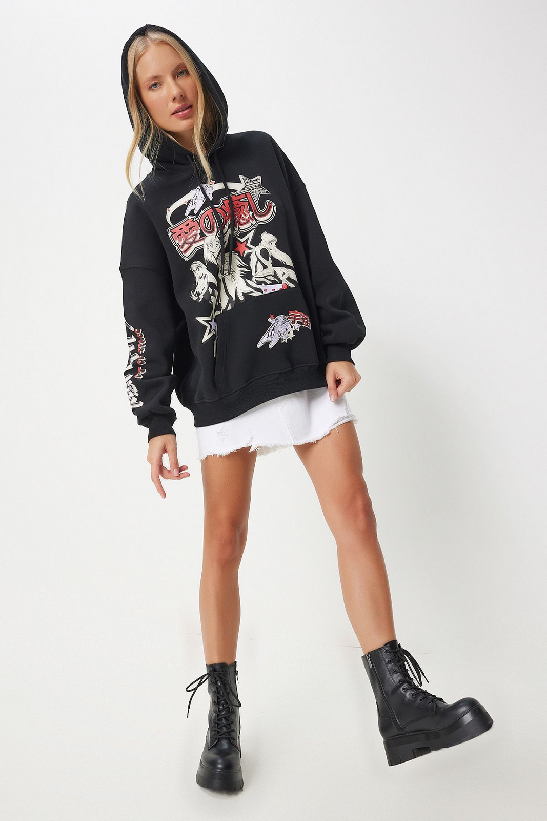 Happiness İstanbul Women's Black Printed Hooded Raised Knitted Sweatshirt