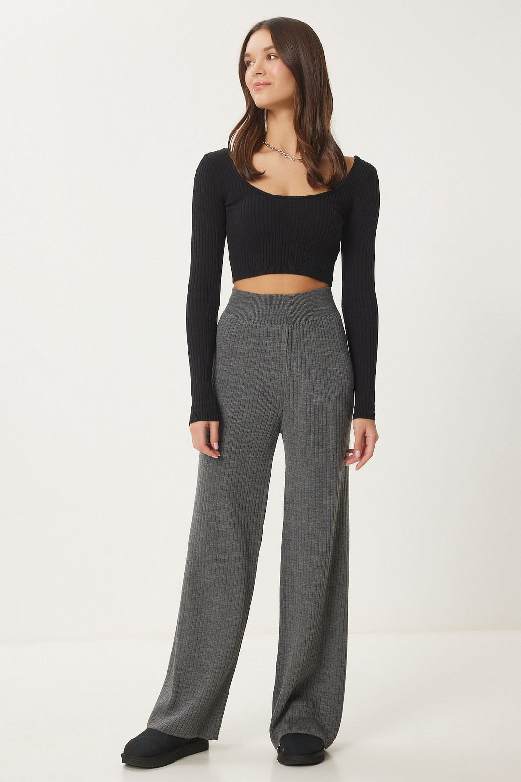 Happiness İstanbul Women's Anthracite Ribbed Knit Trousers KI00096