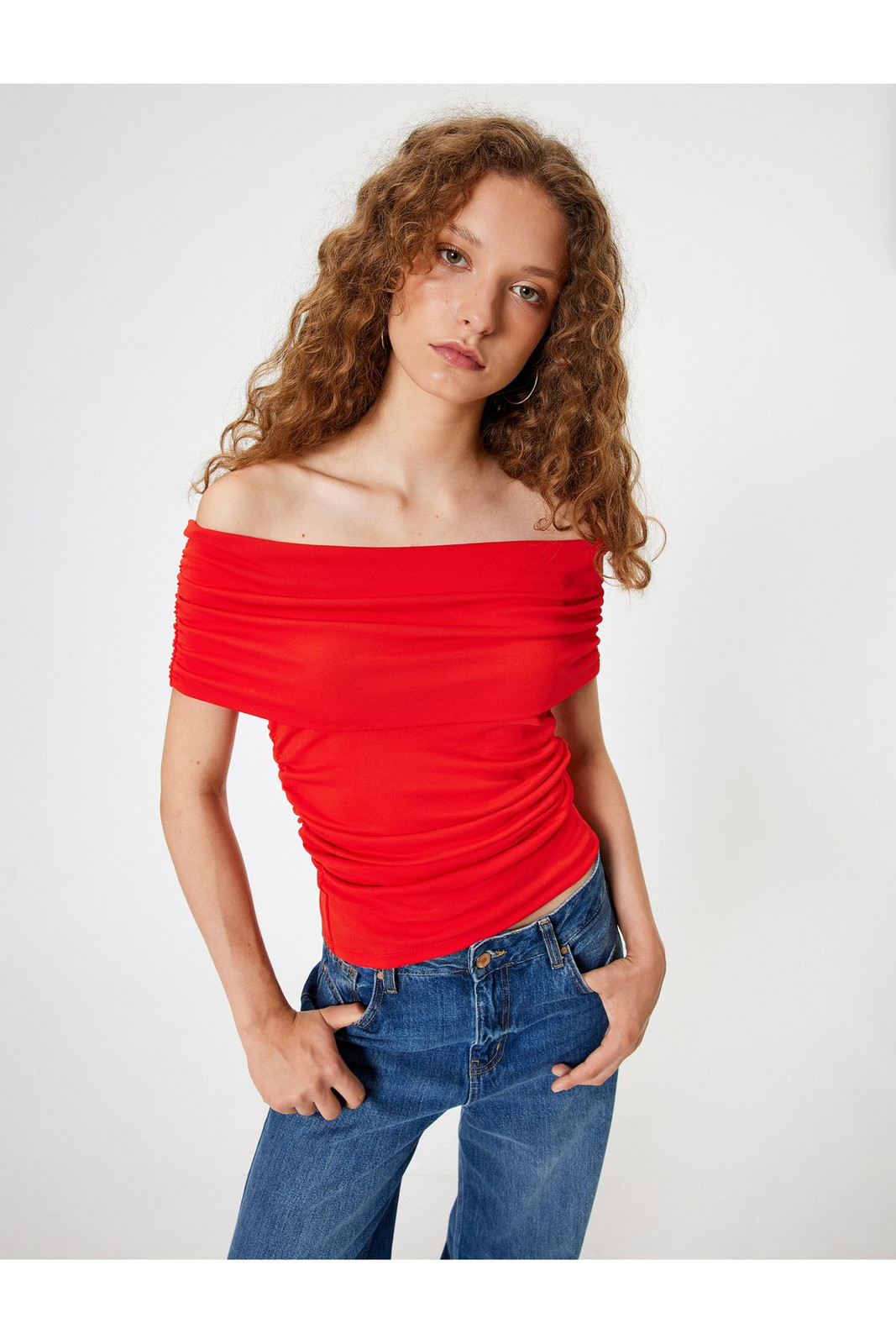 Koton Madonna Collar Off-The-Shoulder T-Shirt Draped Short Sleeve Slim Fit