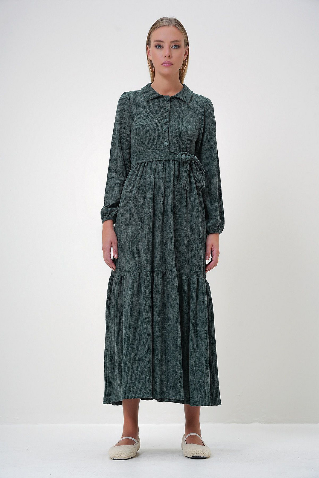 Trend Alaçatı Stili Women's Walnut Green Shirt Collar Button-Down Flounce Skirt Belted Long Dress