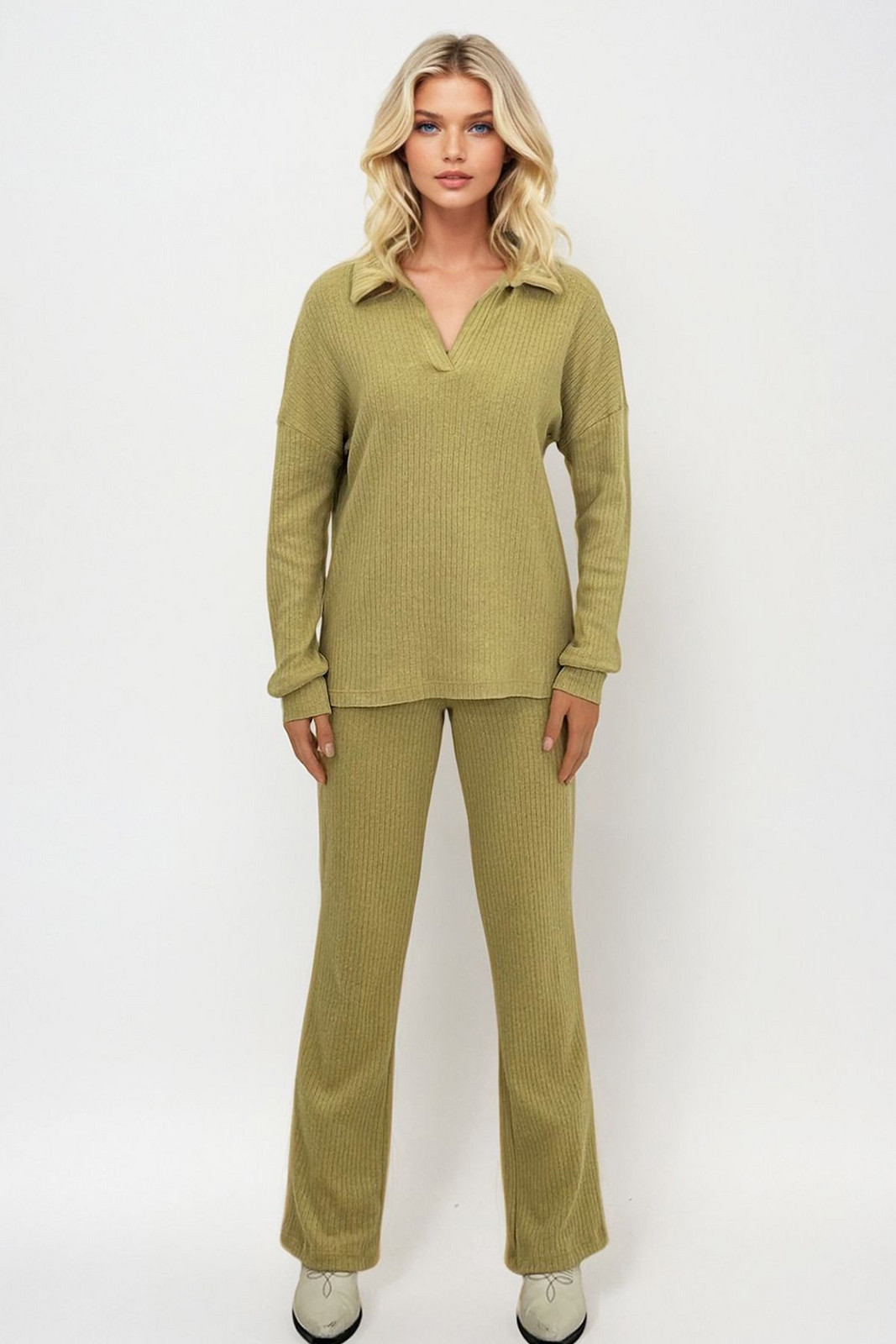 Trend Alaçatı Stili Women's Oil Green Polo Neck Top and Palazzo Pants Knitwear Bottom Top Set