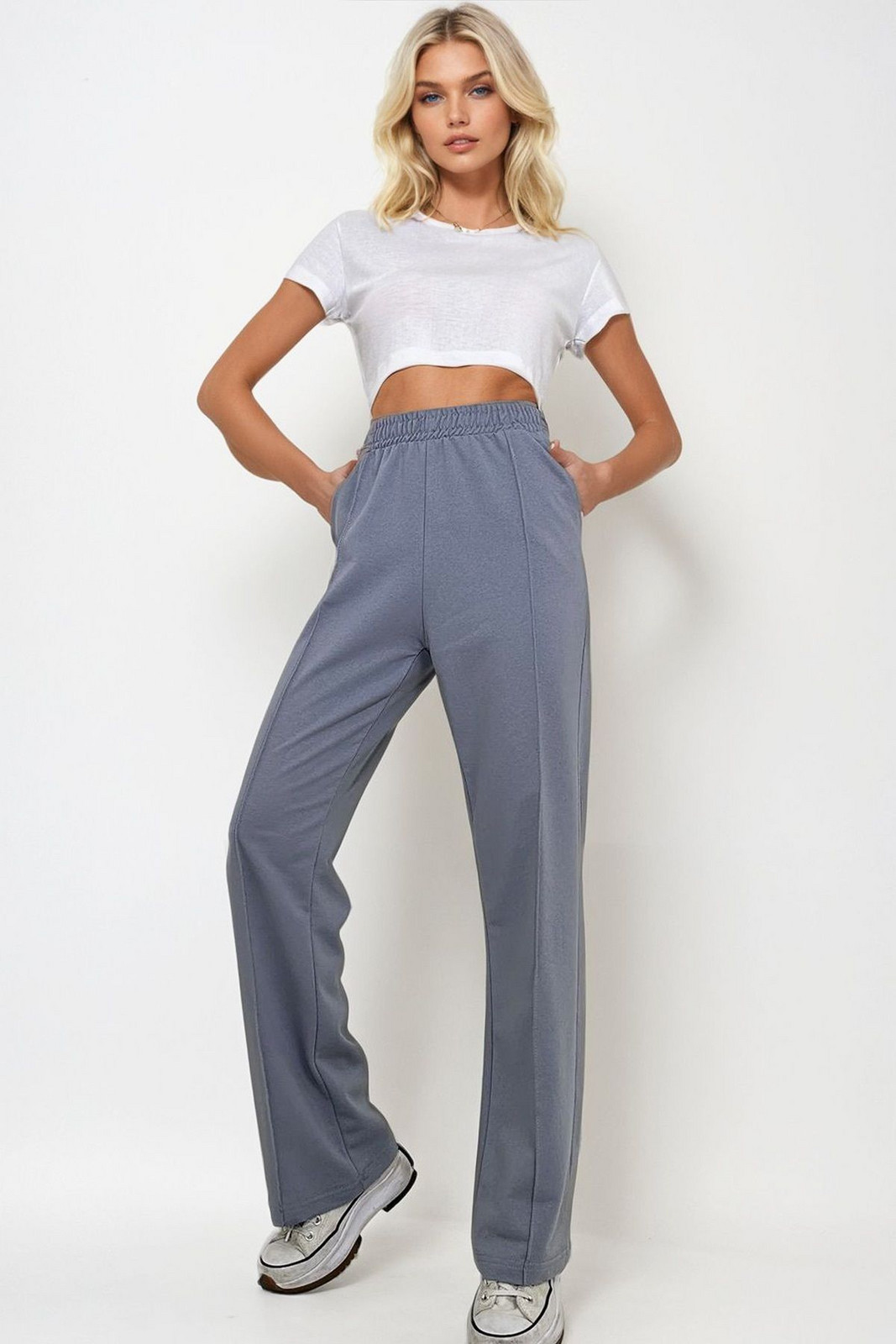 Trend Alaçatı Stili Women's Dyed Grey High Waist Front Grass Wide Leg Double Pocket Sweatpants