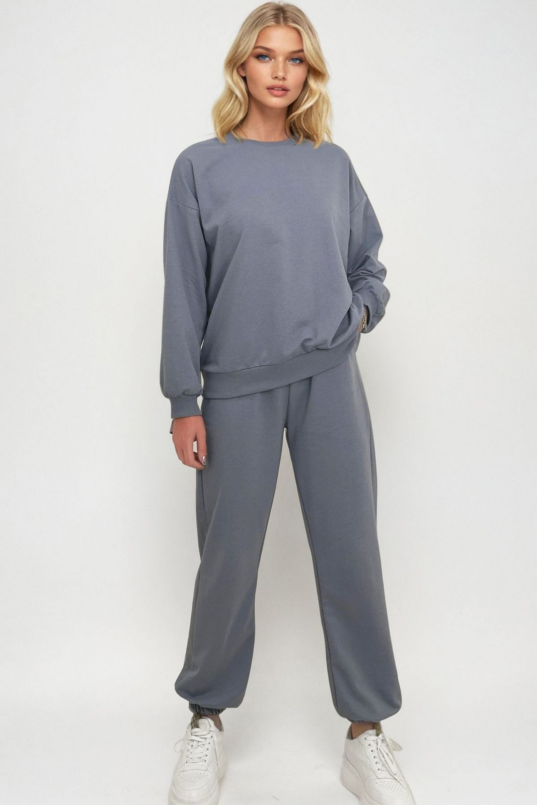 Trend Alaçatı Stili Women's Dyed Gray Bike Neck Waist and Leg Elastic Basic Tracksuit
