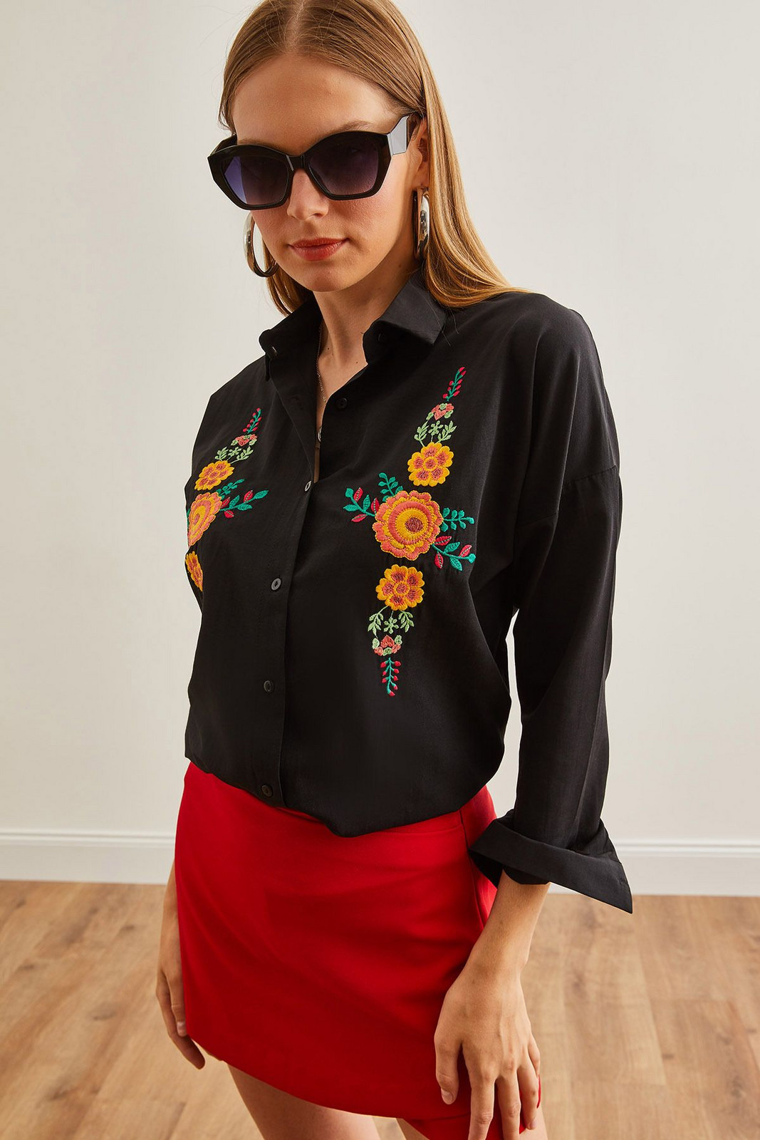 Olalook Women's Orange Floral Black Embroidery Detailed Oversize Woven Shirt