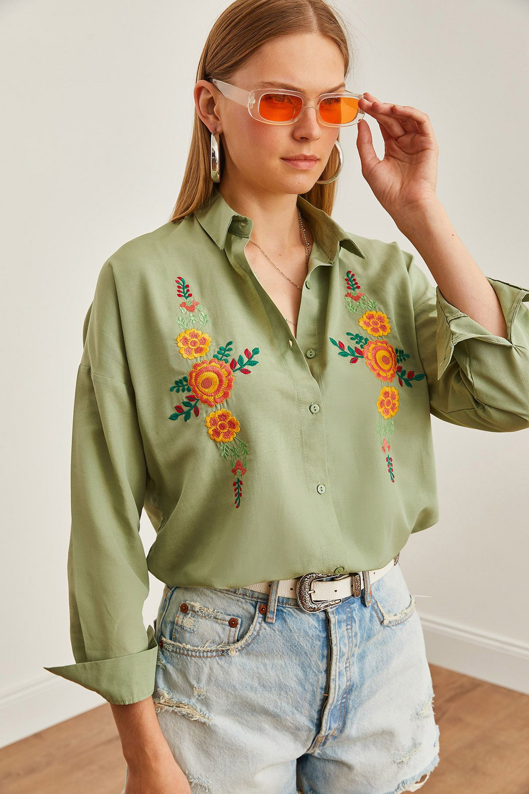 Olalook Women's Orange Floral Mold Green Embroidery Detailed Oversize Woven Shirt