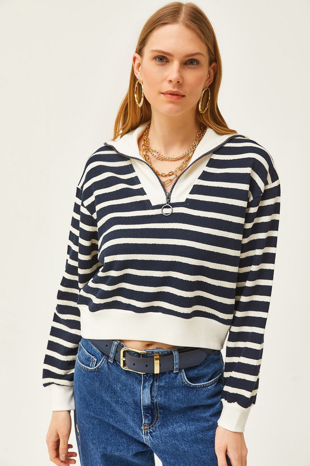 Olalook Women's Dark Navy High Collar Striped Crop Sweatshirt