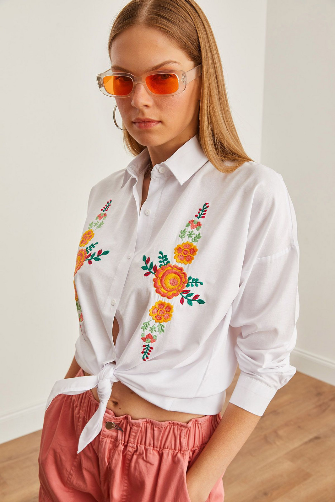 Olalook Women's Orange Floral White Embroidery Detailed Oversize Woven Shirt